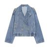 Trendy Women's Double-Breasted Denim Jacket in Sea Blue