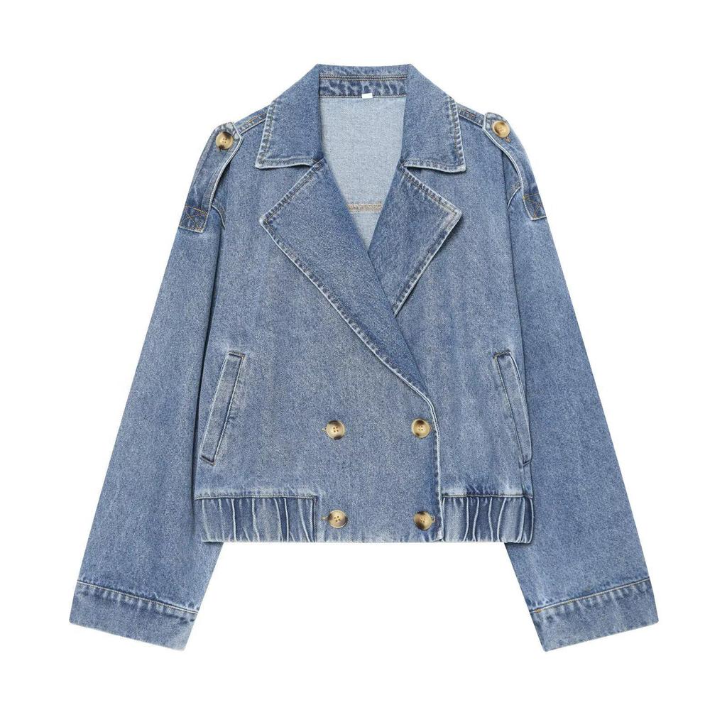 Trendy Women's Double-Breasted Denim Jacket in Sea Blue