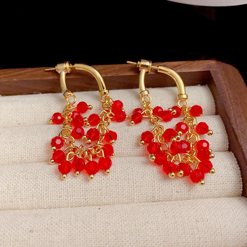 New Design Sense Red Crystal Beaded Pendant Tassel Earrings for Women Exquisite Light Luxury Unique Personalized Earring Jewelry