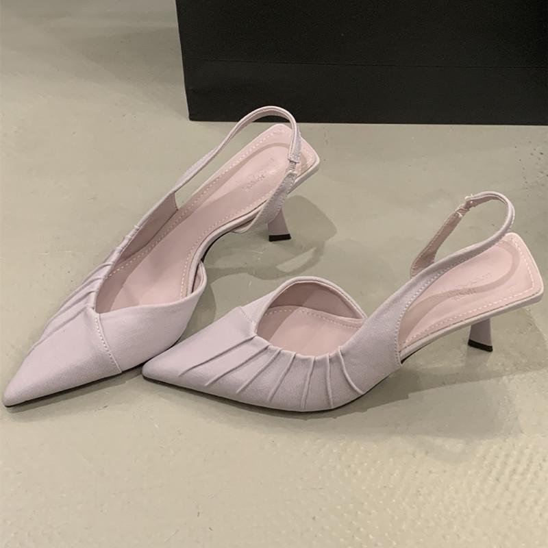 Fashion Flannel Pleated Pointed Toe High Heels Women Simple Buckle Strap Thin Heeled Sandals Summer Elegant Outdoor Casual Office Shoes