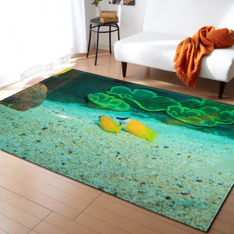 Ocean Corals Living Room Area Rug Fish 3D Carpets Boys Bedroom Play Rugs for Children Room Flannel Kitchen Mat Doormat Entrance