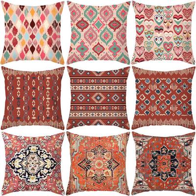 Ethnic Style Throw Pillow Cover Striped Print Peach Skin Home Sofa Pillow Cover Retro Living Room Cushion