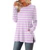 Women's Striped Printed Round-neck Long-sleeved Top With Pockets And Side Slits
