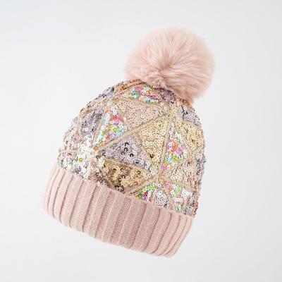 Neuer Pailletten-Wollhut Herbst und Winter glänzende Perlen warm halten abnehmbarer Pompon Strickmütze Damen