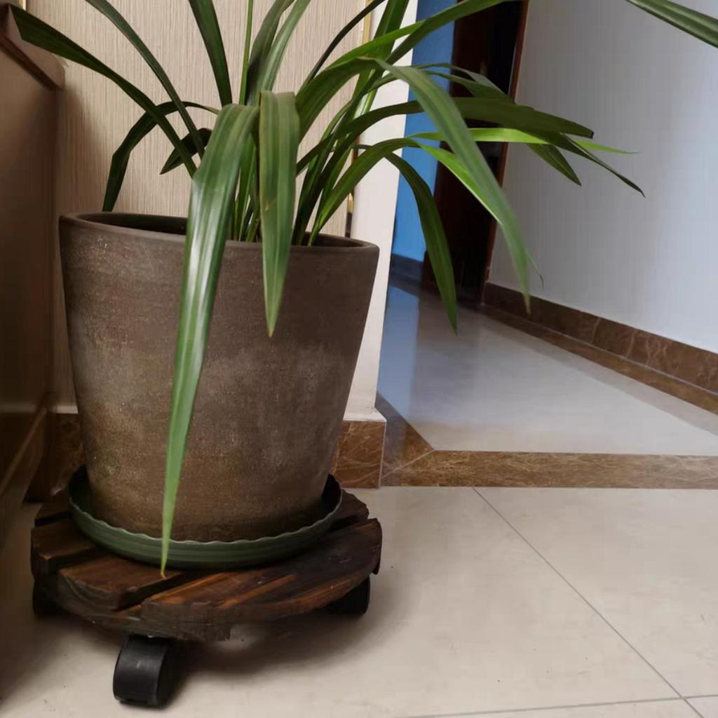 30cm Round Carbonized Wood Plant Pot Stand with Wheels Movable Flower Pot Tray Base