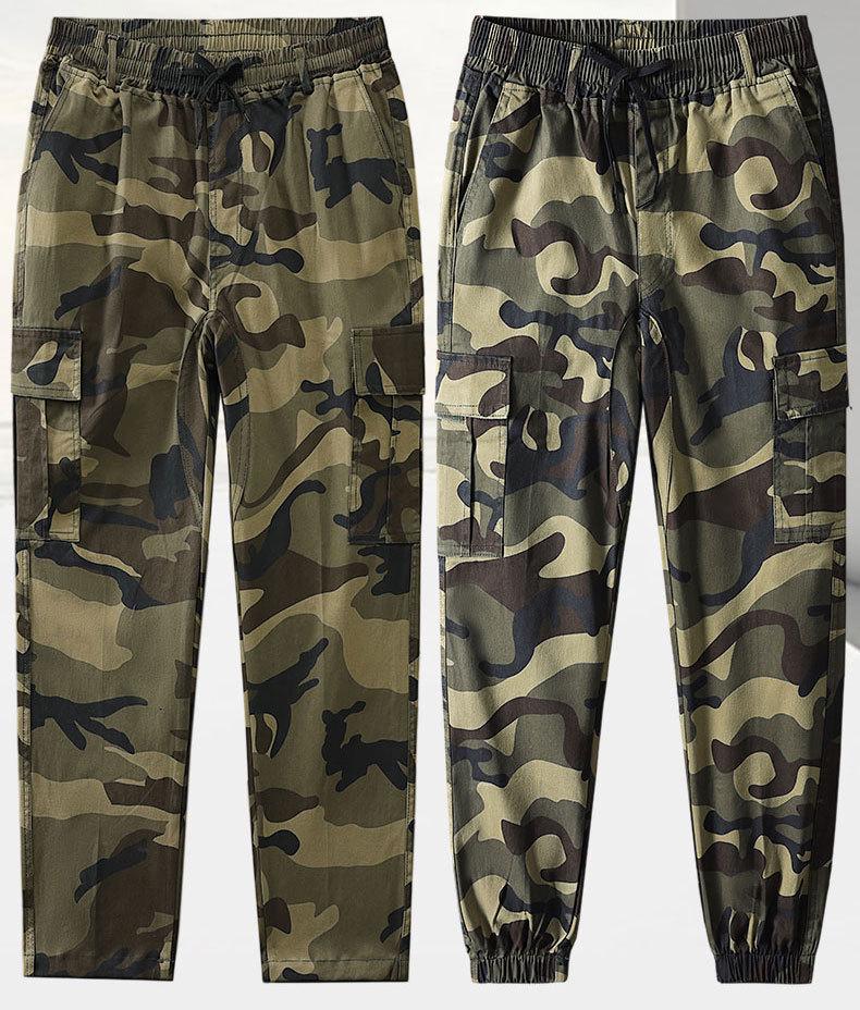 Men's Elastic Camouflage Cargo Pants: Wear-Resistant, Multi-Pocket, Skinny Fit, with Increased Crotch for Work Safety.
