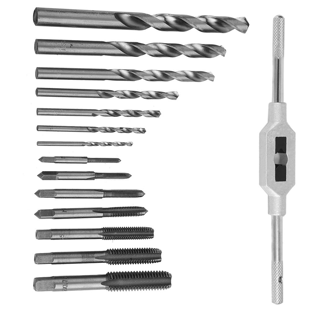 15Pcs Alloy Steel Tap Wrench Screw Taps Twist Drill Bit Set Metal Processing Tools