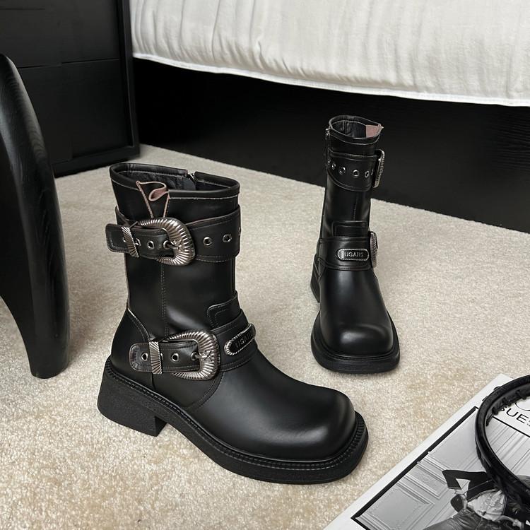 

Western Cowboy Boots Women s 2025 Fall/Winter Maillard Short Boots Brown Belt Buckle Thick-soled Martin Boots Tide 34