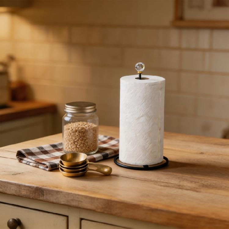 Home Paper Towel Stand with Open Base Design, Metal Tissue Rack and Clear Faceted Accent for Kitchen Counter, Dining Area, and Bath Use
