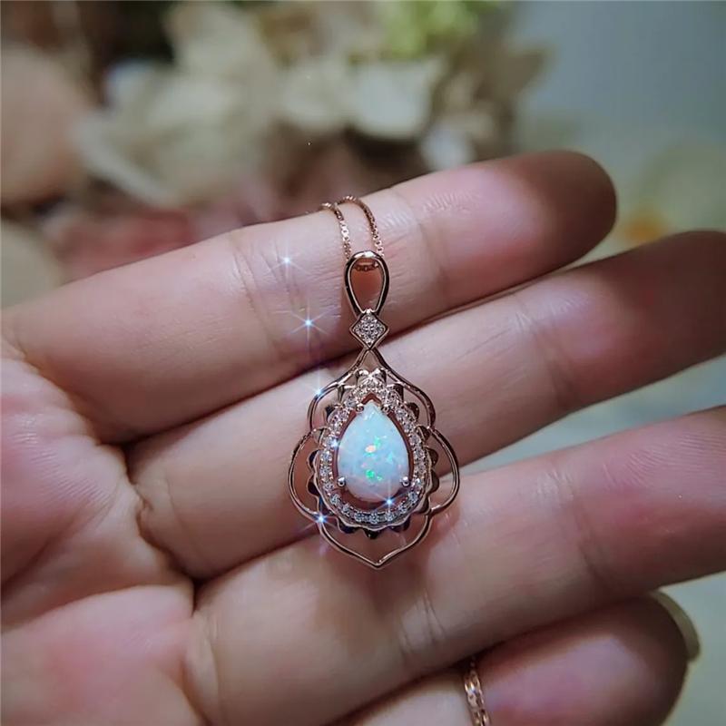 Big Water Drop White Opal Pendant Necklace For Women Luxury Rose Gold Color Crystal Flower Necklace Jewelry DropShipping