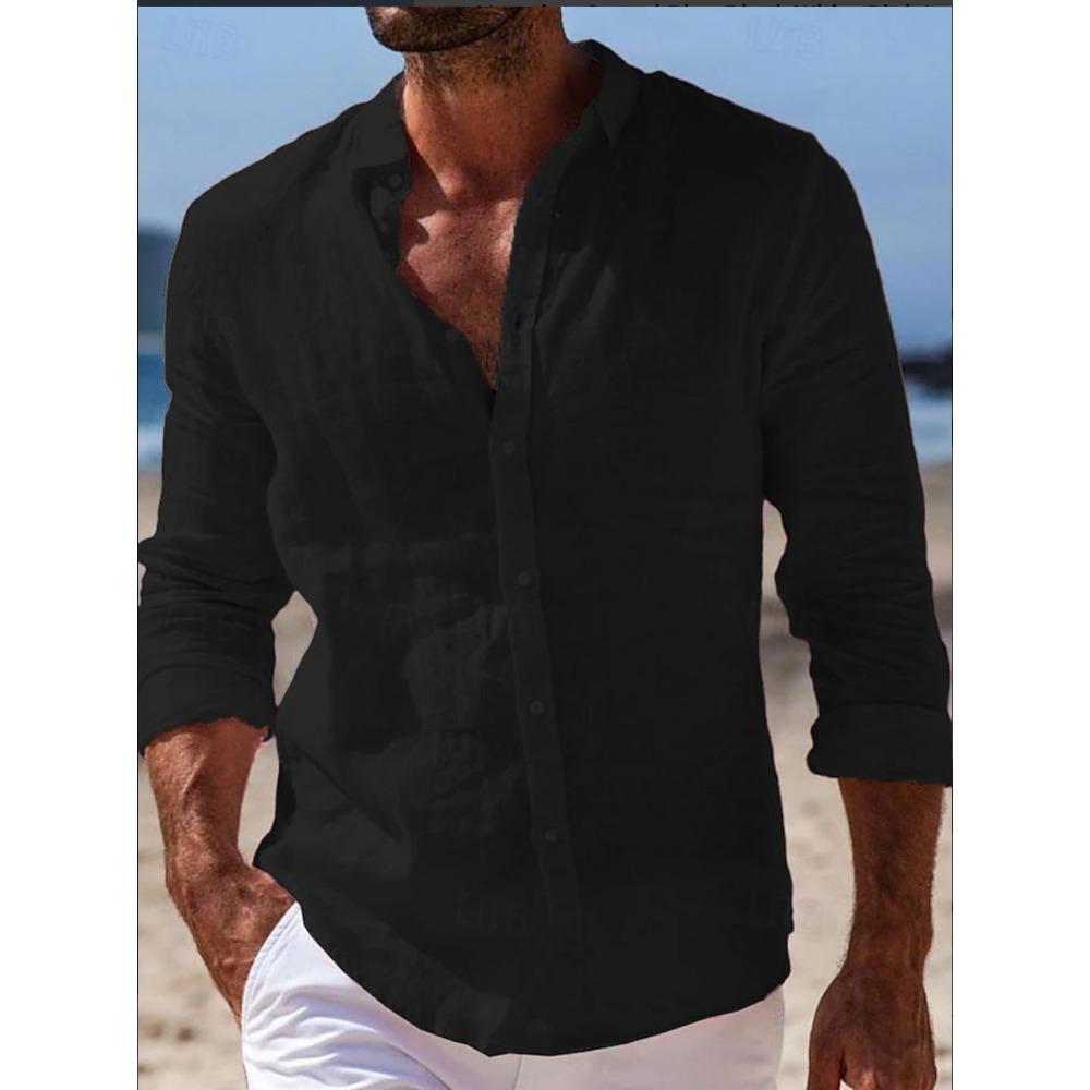 Herrenhemden Frühling/Sommerhemden Strandbekleidung Button-Down-Hemden Einfarbig Urlaubs-Casual Langarm mit Kragen
