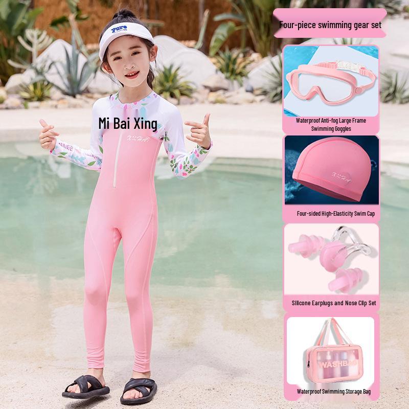 2026 Customizable Girls' Long Sleeve Sun Protection Swimsuit for Surfing & Rafting