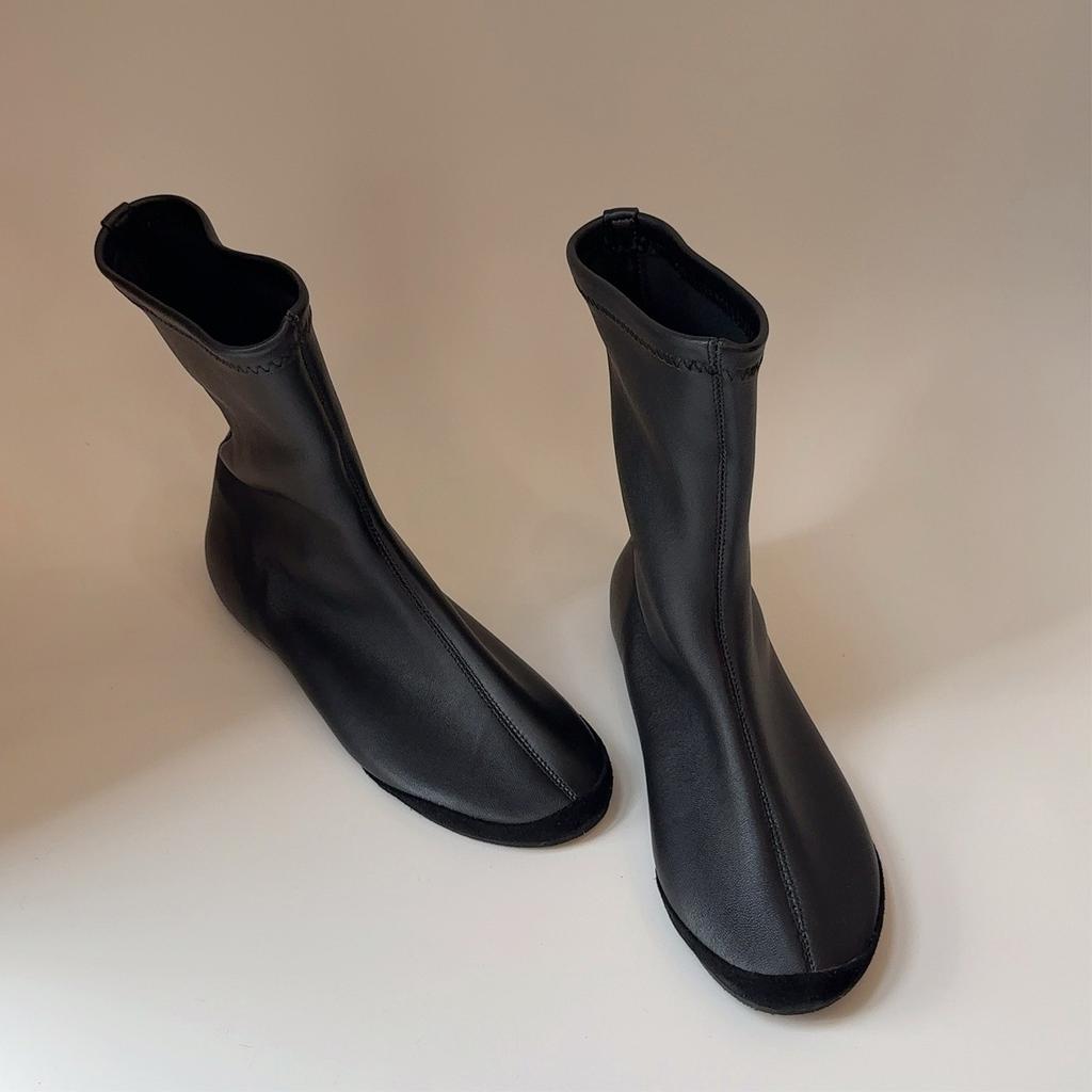 Sheepskin Version Round Head Retro Simple Thin Boots Flat Short Boots Thin Boots Elastic Boots Women's Versatile Commuter Socks Boots