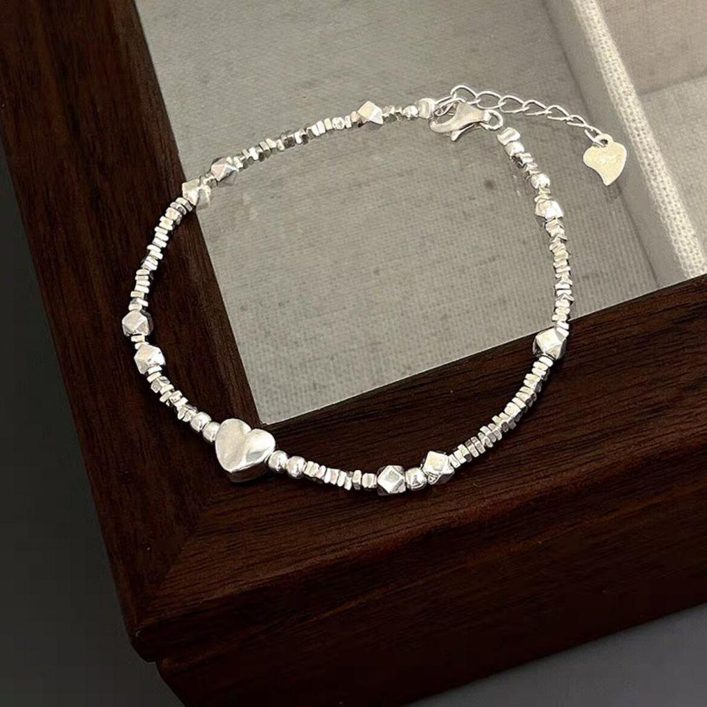 Korean Style S925 Sterling Silver Heart-Shaped Bracelet for Women - Niche Exquisite Aesthetic with Broken Silver Beads