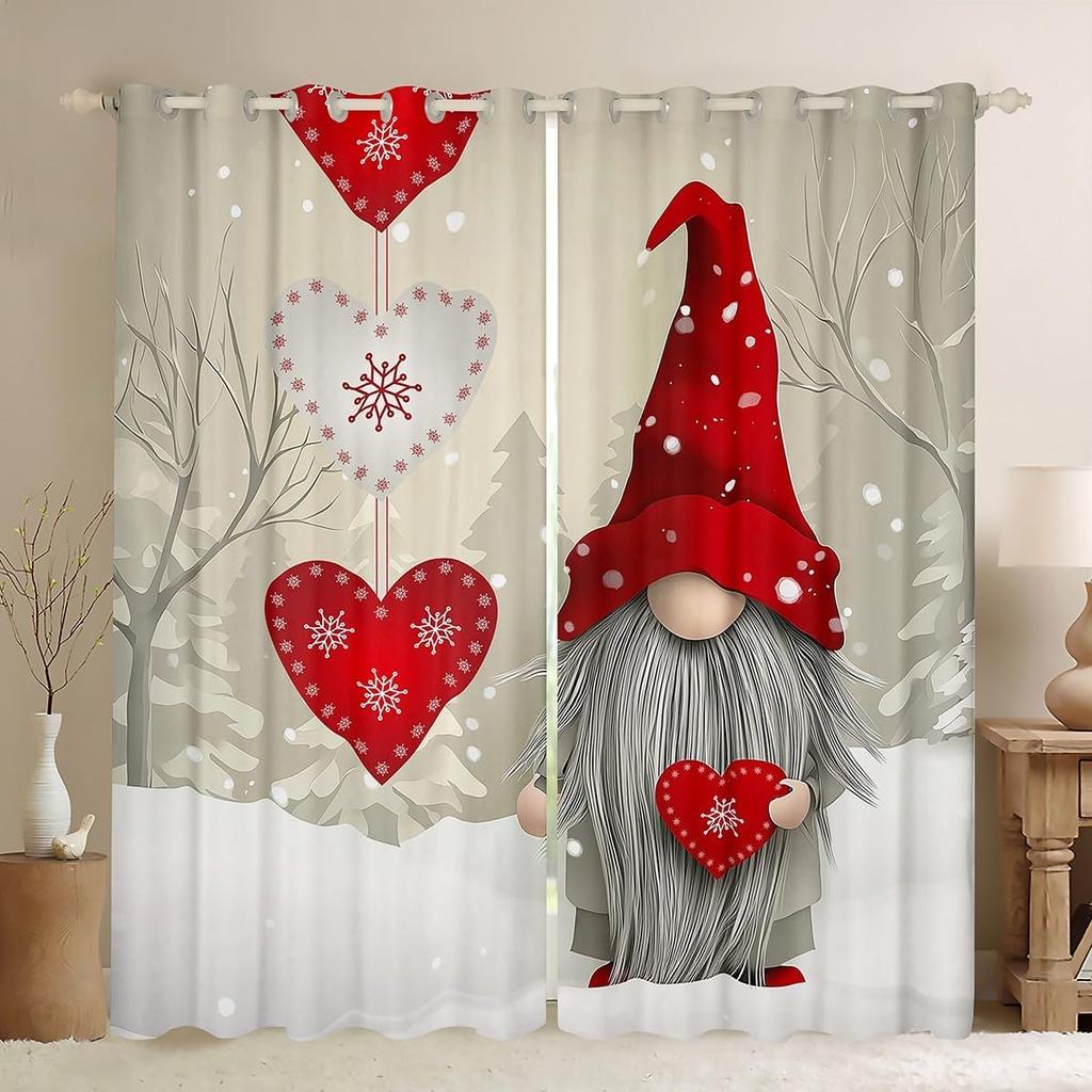 Christmas Gnome Curtain Winter Xmas Theme Window Curtains Snowflake Happy New Year Holiday Room Decor Panels Light Blocking Made Of Polyester