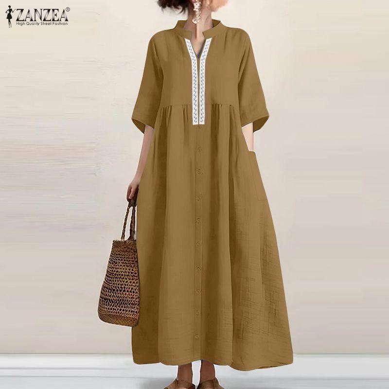 ZANZEA Womens Casual Lace Splice V-Neck Summer Half Sleeve Long Dress