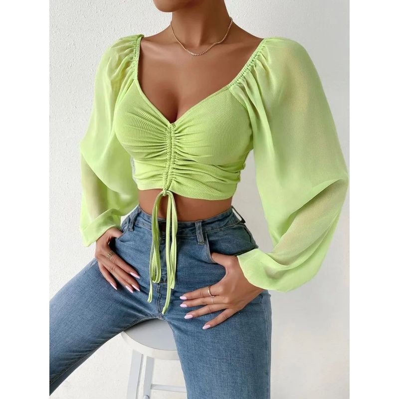 V-neck Drawstring Lantern Sleeve Top Low Cut V-neck Drawstring Bishop Sleeves Top