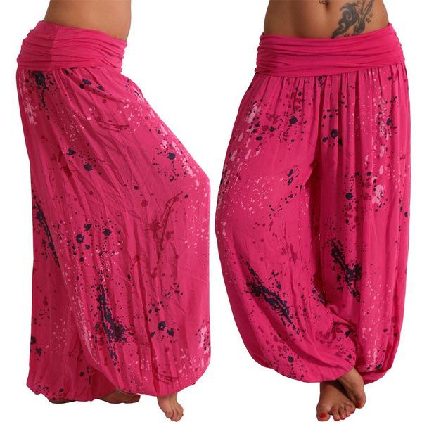 Women Casual Boho Print Pants Wide Leg Pants Loose Pocket Button Pants