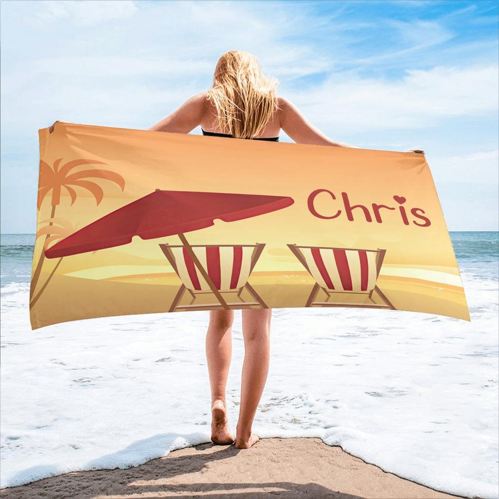 Custom Name Beach Towel Personalized Seaside Summer Beach Print Bath Towel for Kids Women Men Bath Towels for Travel Camp Swim