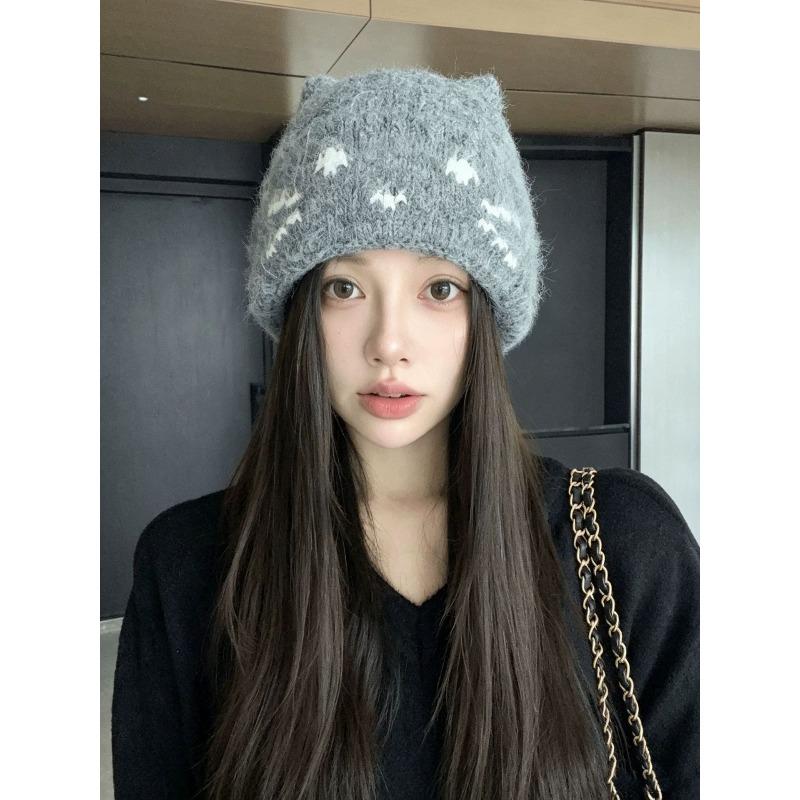 Korean cat ears cute knitted hat women's autumn and winter cold and warm ear protection wool hat sweet versatile bald hat