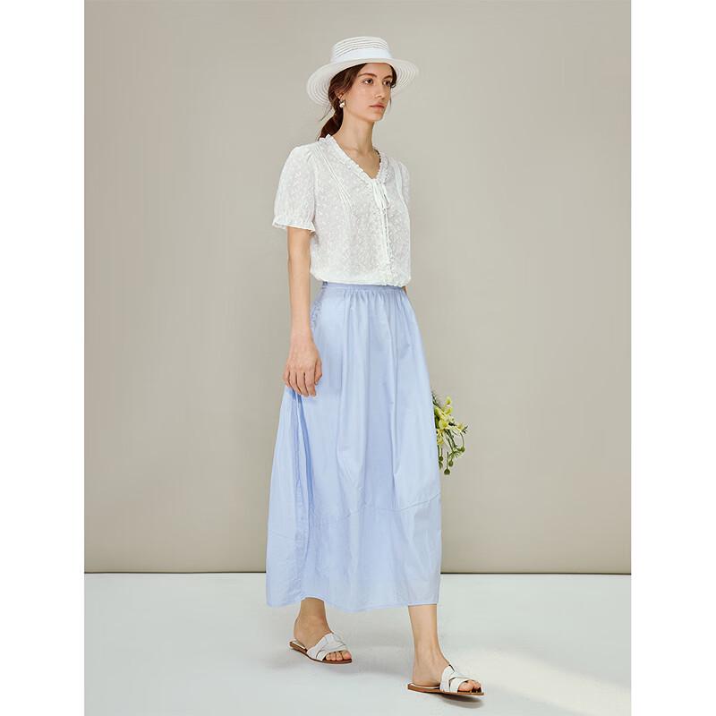 INMAN Women's 100% Cotton Embroidered Ruffle V-Neck Short-Sleeve Blouse