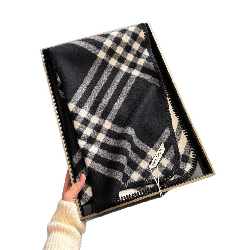 Checked Scarf, Korean Trendy Autumn and Winter Scarf, Line Double-sided Imitation Cashmere Scarf