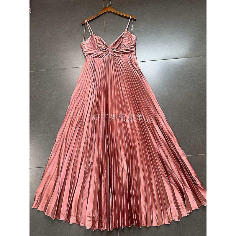 

Export USA Lost + Wande * Organ Pleated High Saturation Satin Texture Big Hemline Dress Pleat Suspender Skirt Pink ruched Slip Skirt L