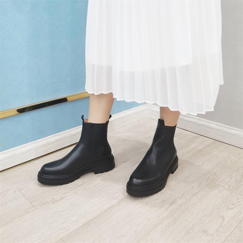 FOREADA Women Genuine Leather Chelsea Boots Round Toe Thick Mid Heels Platform Short Boots Ladies Fashion Shoes Autumn Winter Black