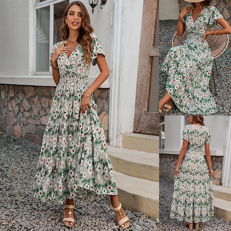Women Sage Green Floral Print V Neck Short Sleeve Shirred Tiered Maxi Dress