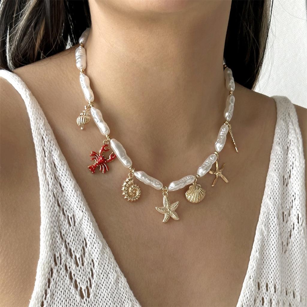 Boho Starfish Shell Conch Seahorse Lobster Pendant Necklace For Women Men Irregular Imitation Pearl Ocean Beach Choker Jewelry
