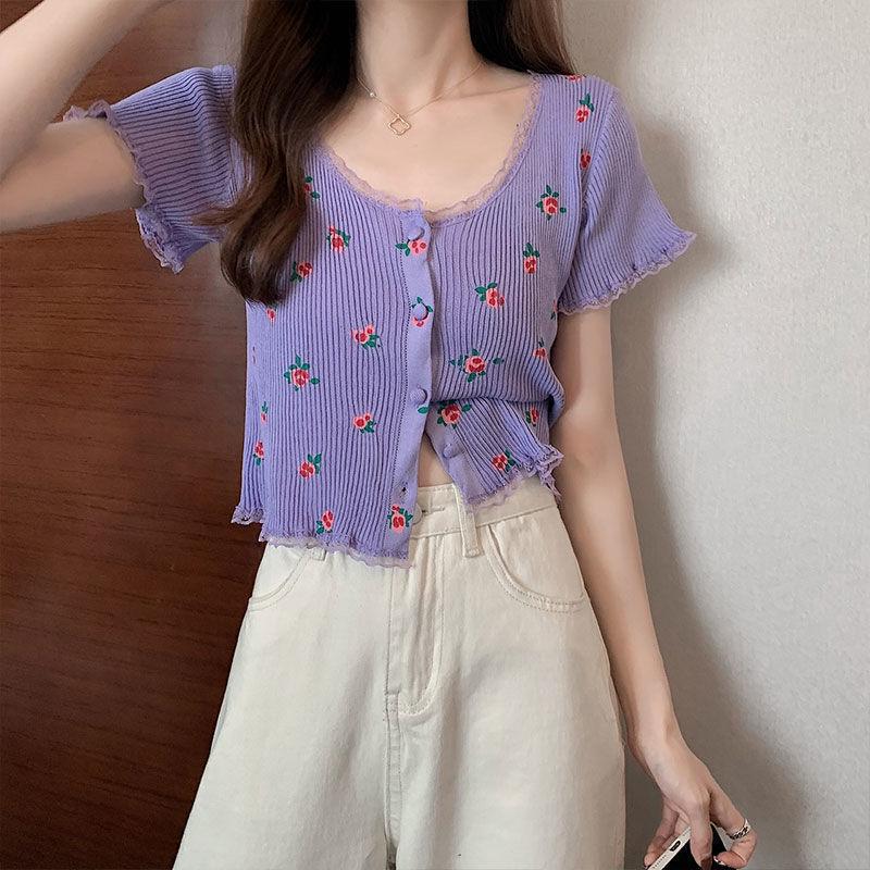 

Вязаный топ с цветочным принтом в корейском стиле: Модный летний стиль 2024 года для женщин, футболка с коротким рукавом, замедляющая старение One Size фиолетовый