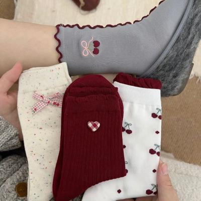 Lady Spring and Autumn Vintage Love Cherry Embroidery Bow Wooden Ear Edge Boneless In Tube Pile Socks