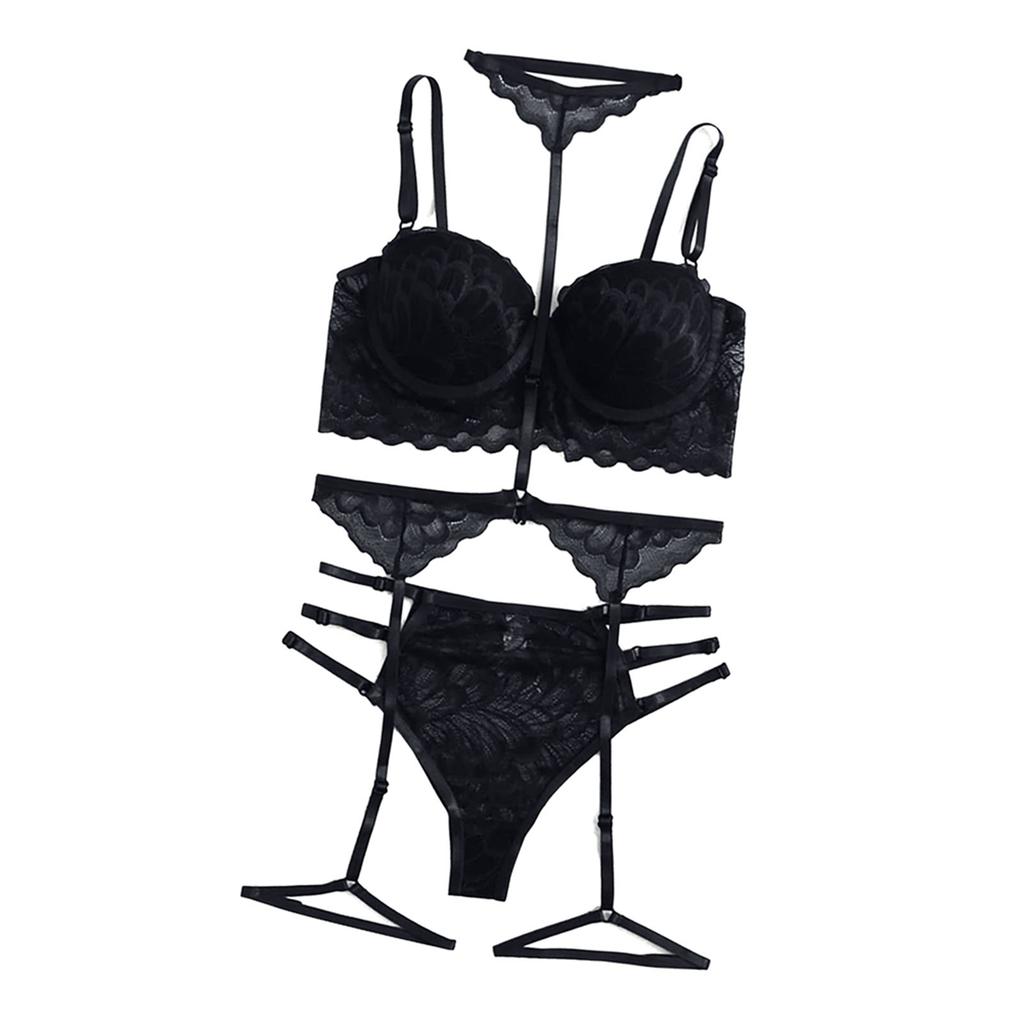 Women Lingerie Set Fashionable Elegant Lace Bra Panty Garter Belt Set Sleepwear for Wedding Night Black L