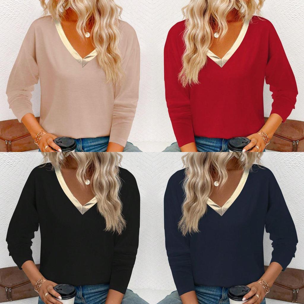 2025 Euro-American Autumn/Winter V-Neck Gold Long-Sleeve Casual T-Shirt