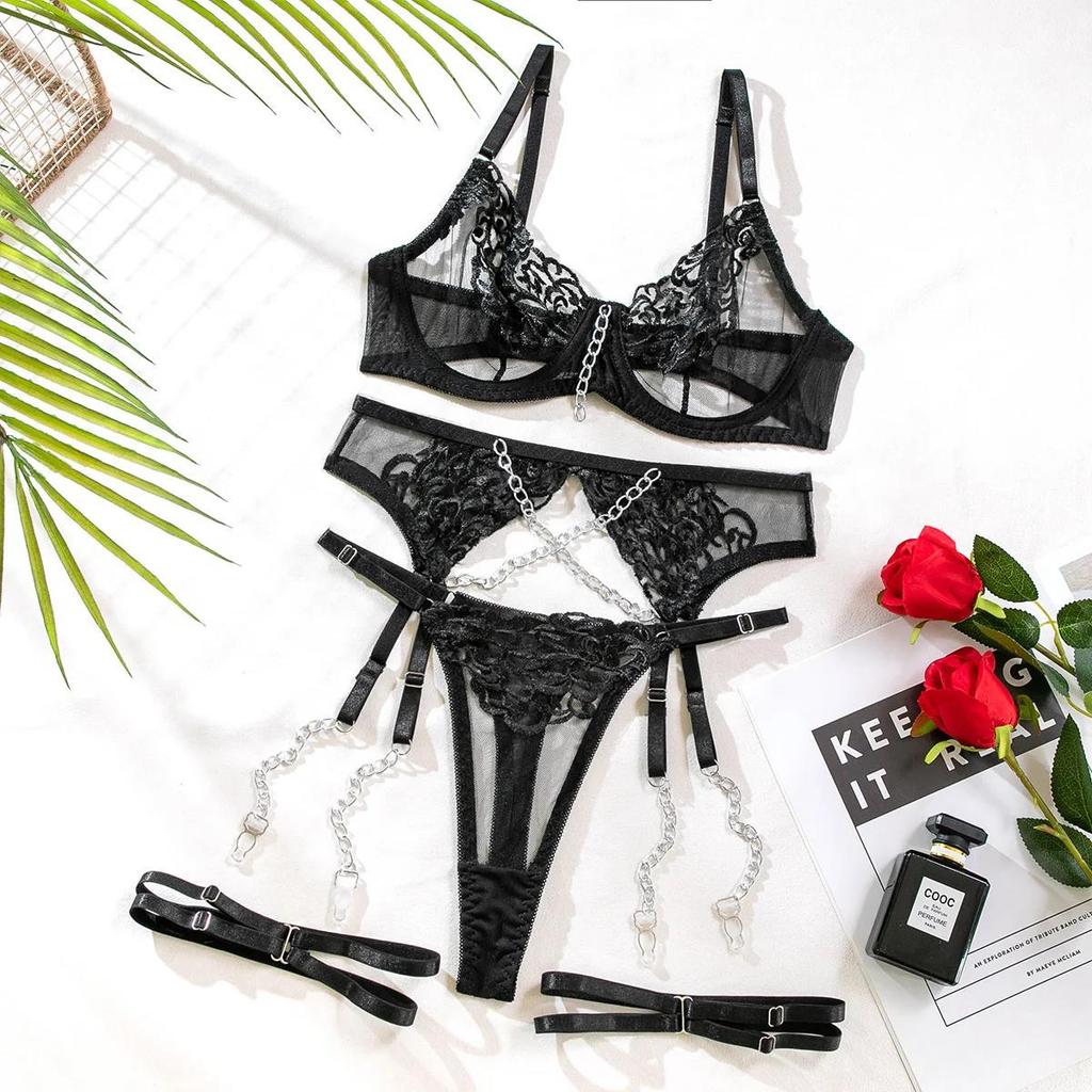 Toucheart Sexy Lingerie Set Mesh See-Through Embroidery Patchwork Metal Chain Sexy Bra For Women Metal Garters Sexy Underwear