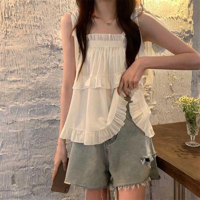 Sommer Rüschen Hemden und Blusen Uni Damen Bluse Trägertop Damen Carmen Ausschnitt Kleidung