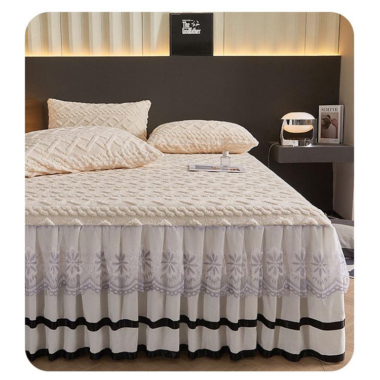 Winter Thickened Plush Bed Skirt with Lace Ruffle, Warm Coral Fleece Mattress Cover, Non-Slip Bedspread