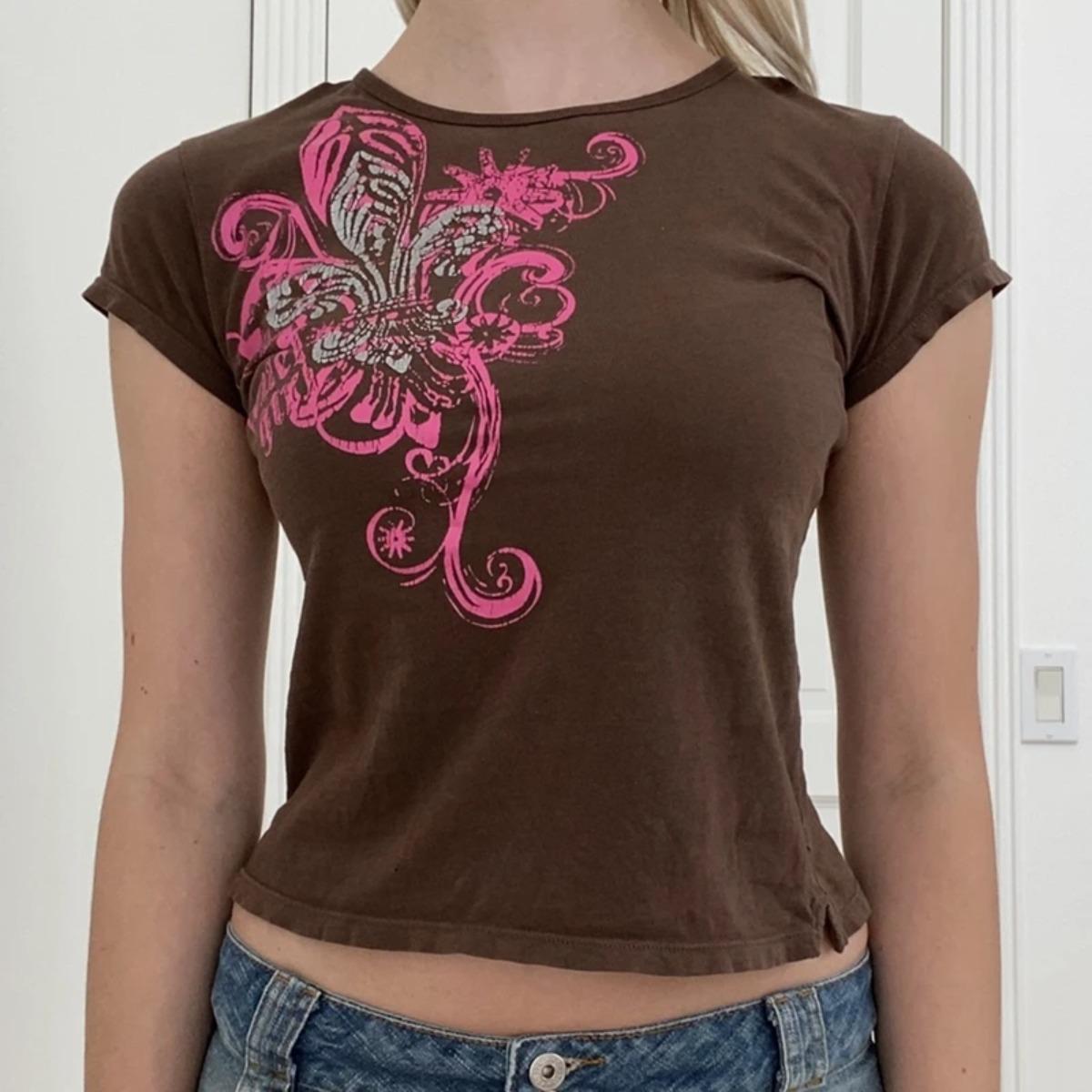 

TrendHub Harajuku Graphic Print Short Sleeve Tops Y2K Aesthetic Retro T-shirt Women Vintage Grunge Streetwear Summer Pullovers Tees L