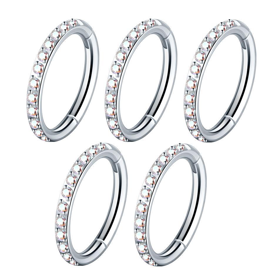 1/5 Pezzi Anelli Naso in Acciaio Zircone CZ 6/8/10/12mm Segmento Cernierato Orecchio Cartilagine Trago Orecchini Helix Cerchi Clicker Piercing Gioielli