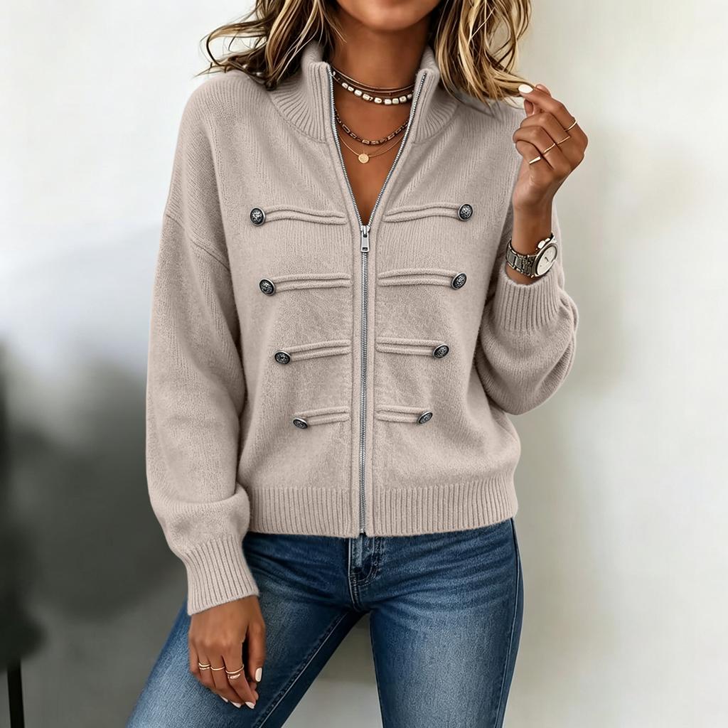 Women's Color Sweater Jacket with Stand Collar and Double Zipper for Casual Wear