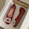 Fashion Black/Red Japanned Leather Flats Woman Crystal Buckle Shoes Ladies Square Toe Ballets Female Slip On Lofers Brides Wedding Shoes