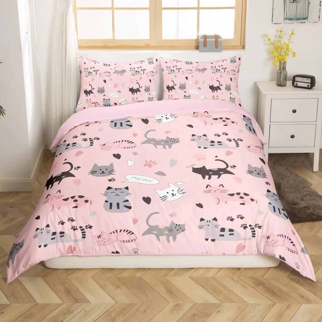 Cute Cat Duvet Cover Set Boys Girls Adults Animal Printed Bedding Set Pet Theme Comforter Cover Pet Quilt Covers with Pillowcase