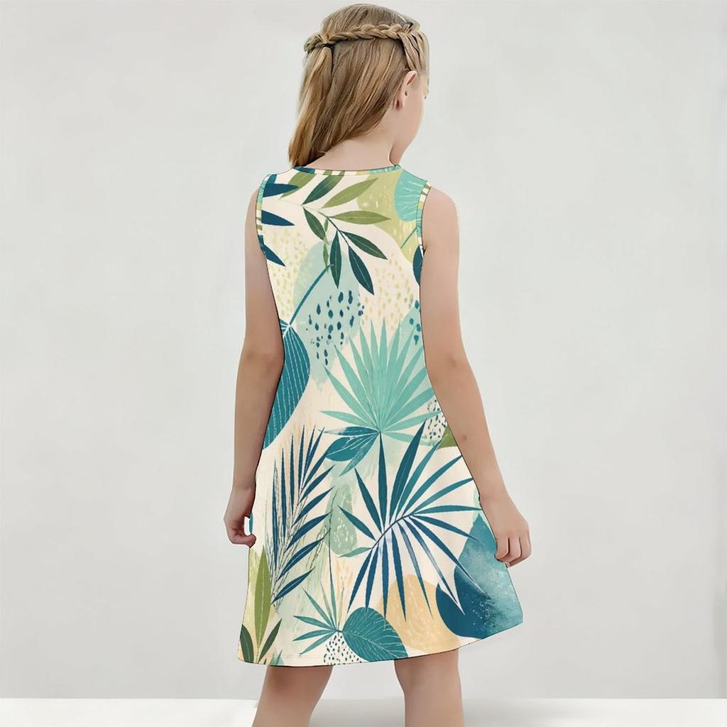 Girls Round Neck Sleeveless Tropical Leaf Printed A Line Flared Dress