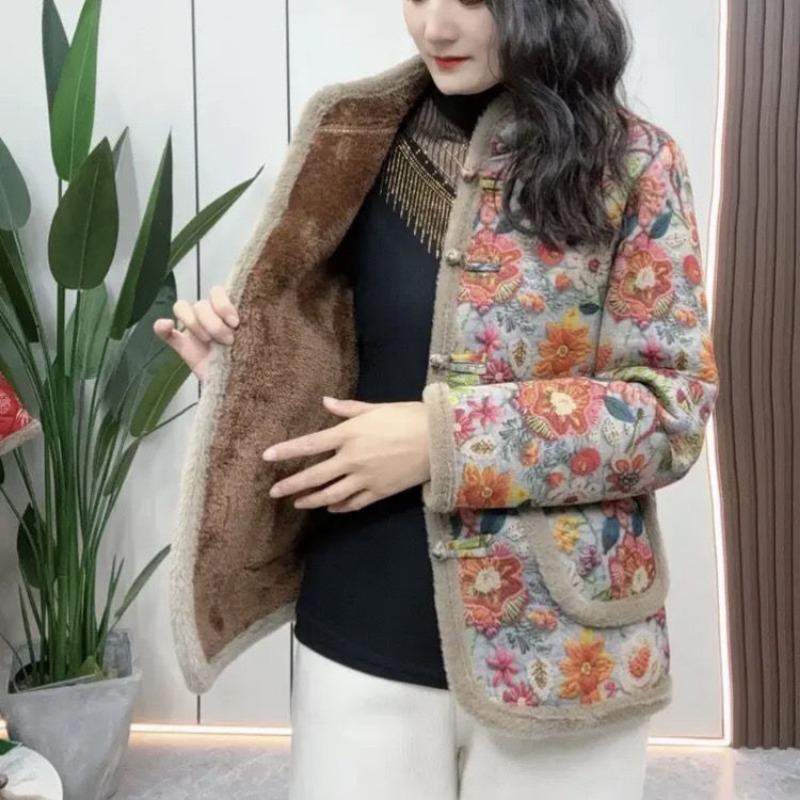 Winter New Velvet Buckle Floral Cotton-padded Clothes Fashion Old Mother Thick Coat Cotton-padded Clothes