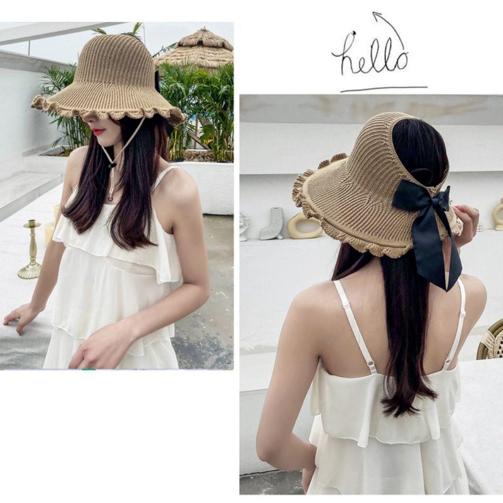 Summer Big Bows Ruffle Brim Cap Fordable Bucket Panama Caps New Knitted Free Top Sun Hat