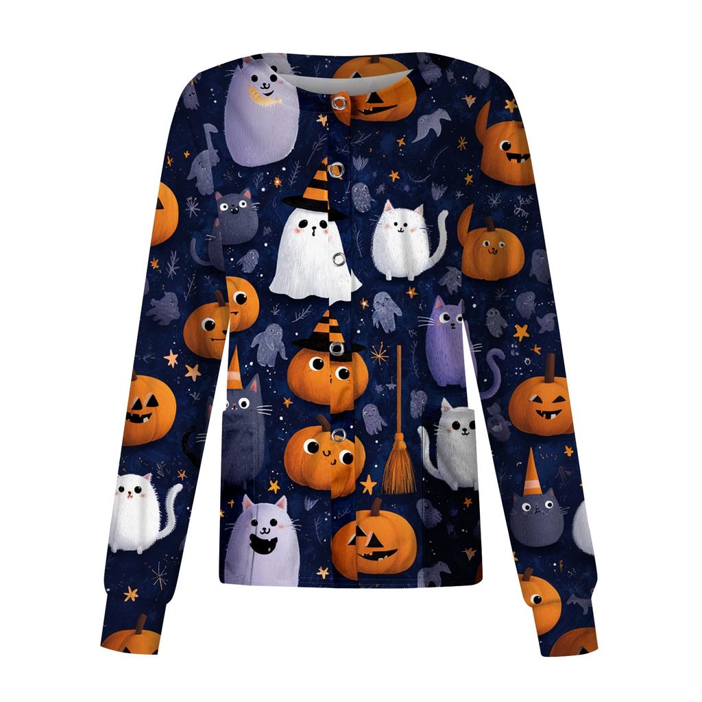 Women's Long Sleeve Halloween Print Button Front Scrub Top for Uniform