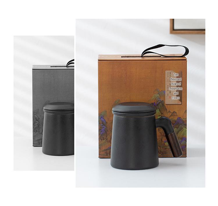 Ceramic Tea Brewing Mug with Wooden Handle, Lid, and Filter - Large Capacity Office Souvenir Cup