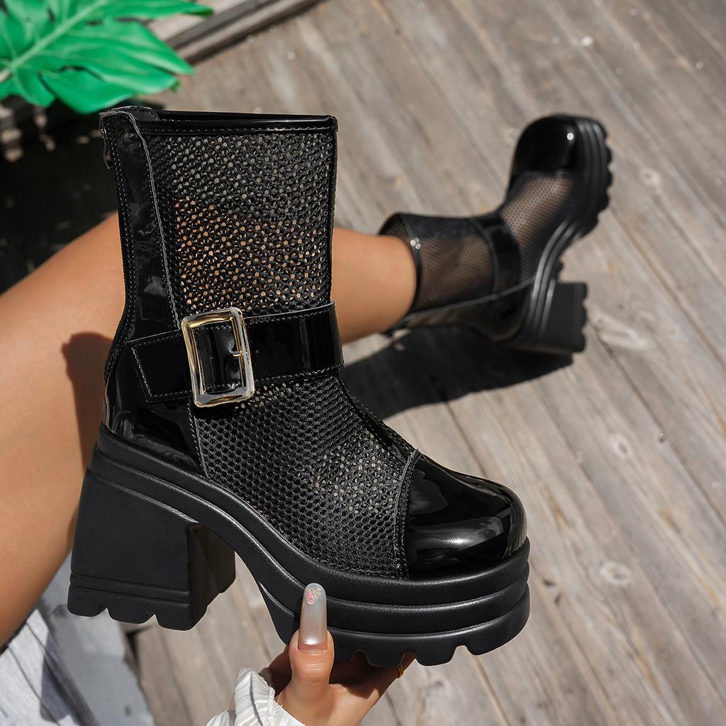Fashion Women High Top Roman Ankle Boots Summer New Round Toe Mesh Breathable Shoes Women Cutout Zipper Metal Buckle Non-Slip Boots