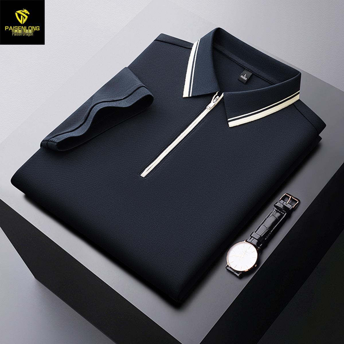 2026 Spring/Summer Men s Polo Shirt: Zipper Short Sleeve, Lapel, 40s Solid Color, High-End Fashion Casual T-shirt Now Available. 3XL полуночно-синий