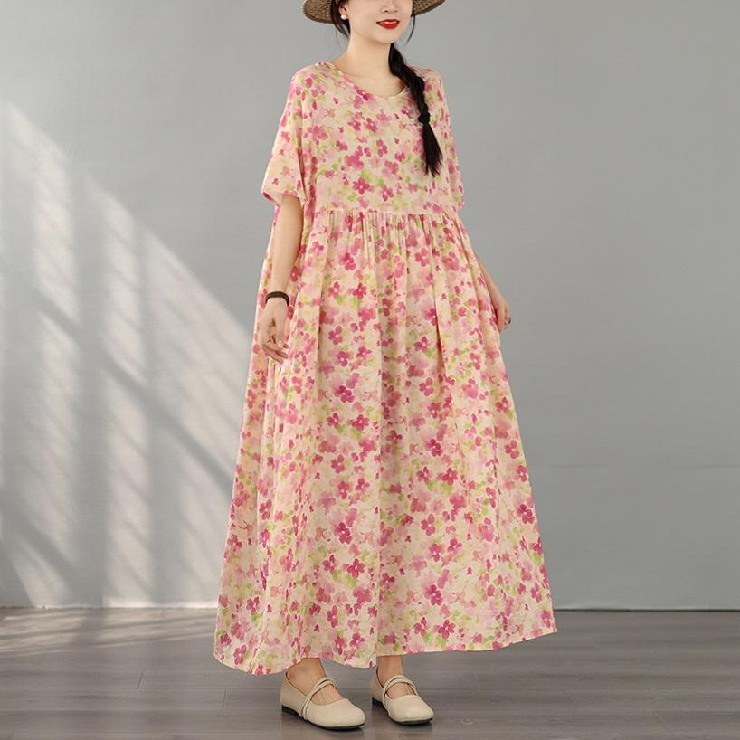 Kurzarm Plus Size Baumwolle Vintage Blumenmuster Neu in Kleidern für Damen lässig locker langes Sommerkleid